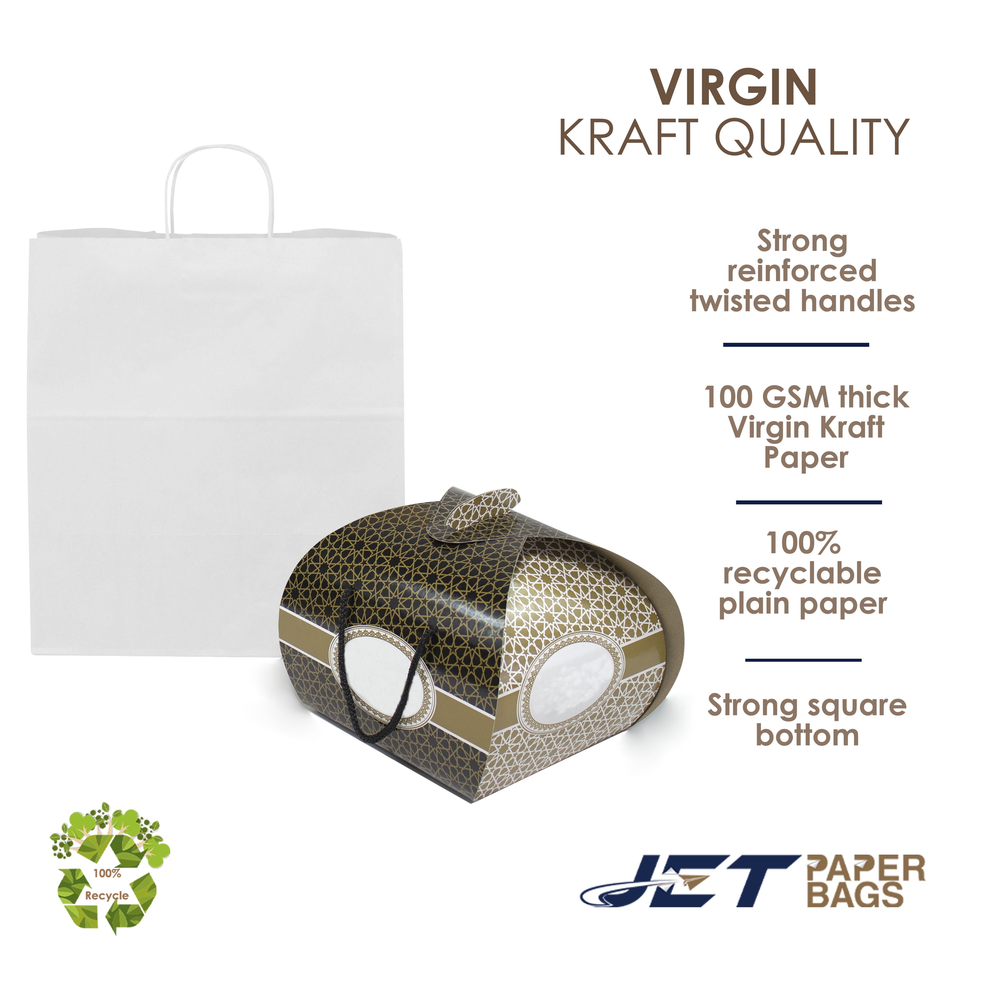 Jet Paper Bags [50 PCS] 15" x 10" x 15.75"H WHITE Virgin Kraft Paper Shopping Bag with Twisted Handles for Gift, Cargo Bags, Large Bags, Wedding, Party Favor, Thank You and More -Juna