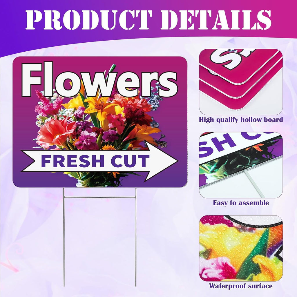 3 Pack Fresh Cut Flower Yard Signs with Stakes 16 x 12 Inch Double Sided Weatherproof Garden Signs for Flower Shops, Markets Events