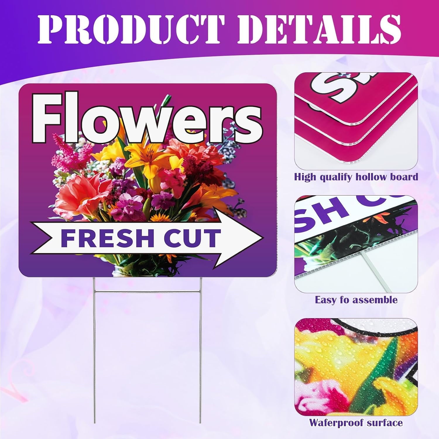 3 Pack Fresh Cut Flower Yard Signs with Stakes 16 x 12 Inch Double Sided Weatherproof Garden Signs for Flower Shops, Markets Events