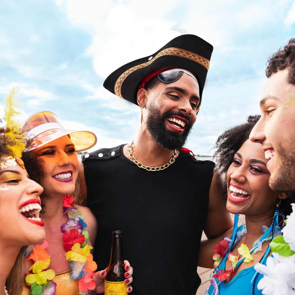 Adult Tricorn Pirate Hat with Feather for Halloween Outfit - Black Pirate Hat for Colonial Revolutionary History Theme Birthday & Halloween Party Costume 15 x13 x 3.5 In