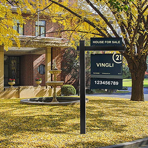VINGLI 6' Vinyl PVC Real Estate Sign Post, Commercial Realtor Home for Sale Hanging Ads, Business Hours Advertisement Post for Yard , Open Houese Direction, 36" Arm Holds Up to 24" Sign, Black