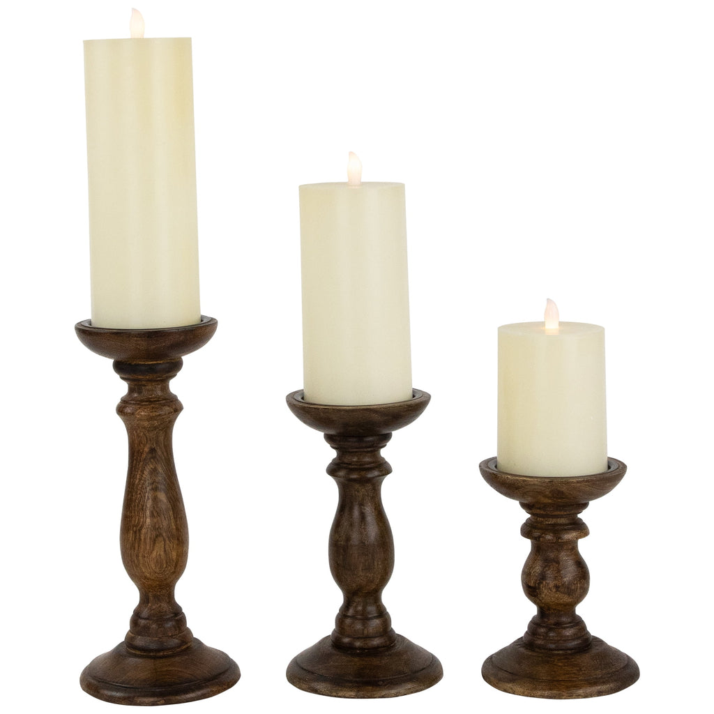 Northlight Natural Dark Wooden Pillar Candle Holders - 10" - Set of 3
