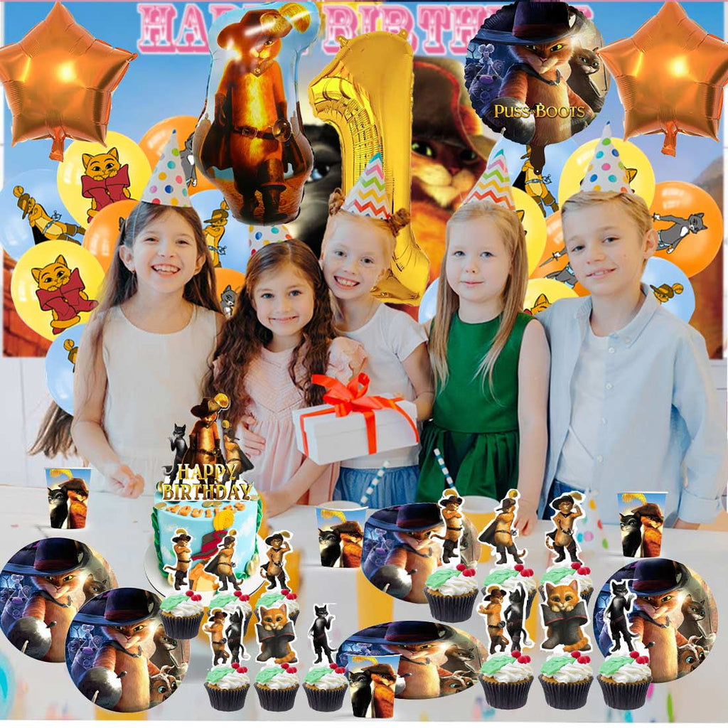 Puss in Boots Party Supplies Decor Tableware Backdrop Banner Cake Topper Balloons Birthday Decorations