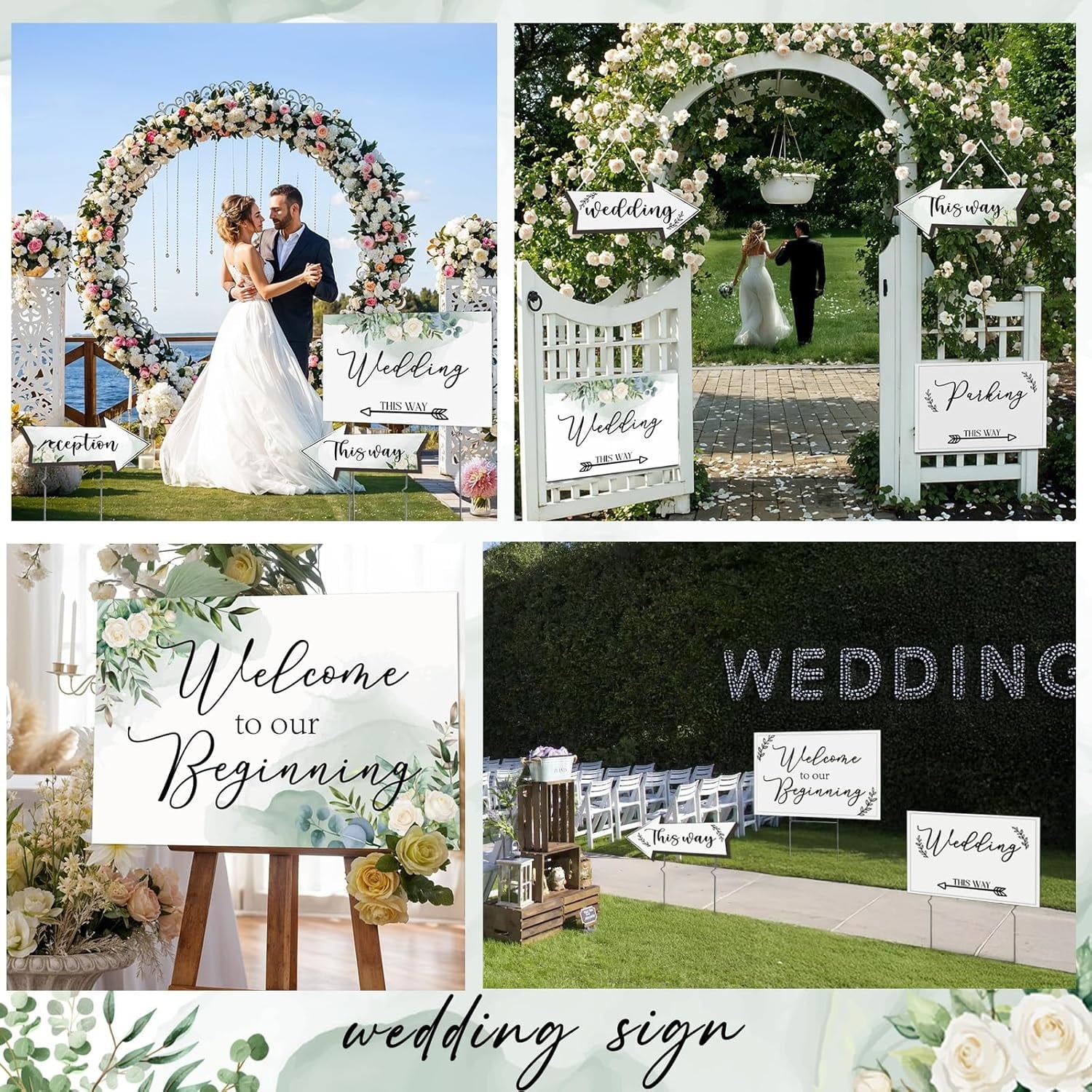 11Pcs Wedding Direction Arrow Signs, Welcome to Our Beginning Sign with H-Stakes 17×25 In, Double Sided Printed This Way Directional Ceremony Reception Parking Signs for Lawn/Yard Decorations White