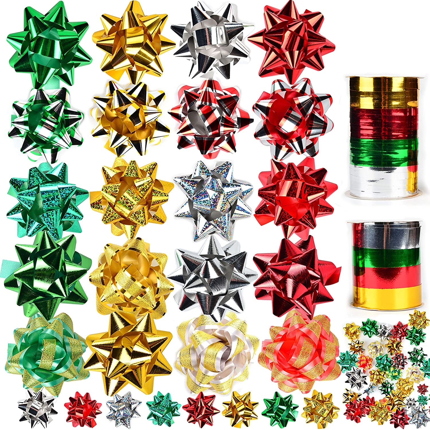 54 PCS GIFT Bows and Gift ribbons with 46 Multi-Colored Assorted Size Self Adhesive Gift Bows and 8 Rolls of Curling Ribbons for Gift, Present Wrapping Decoration Gold, Green, Red, Silver 1 count