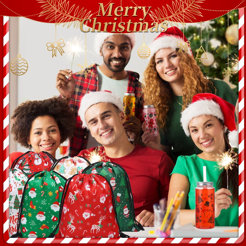 sixwipe 12PCS Plastic Tumbler and 12PCS Christmas Gift Bags, 14.2 oz Christmas Plastic Tumblers with Lids and Straws and Fabric Christmas Wrapping Bags Drawstring Gifts Bag for Presents Party