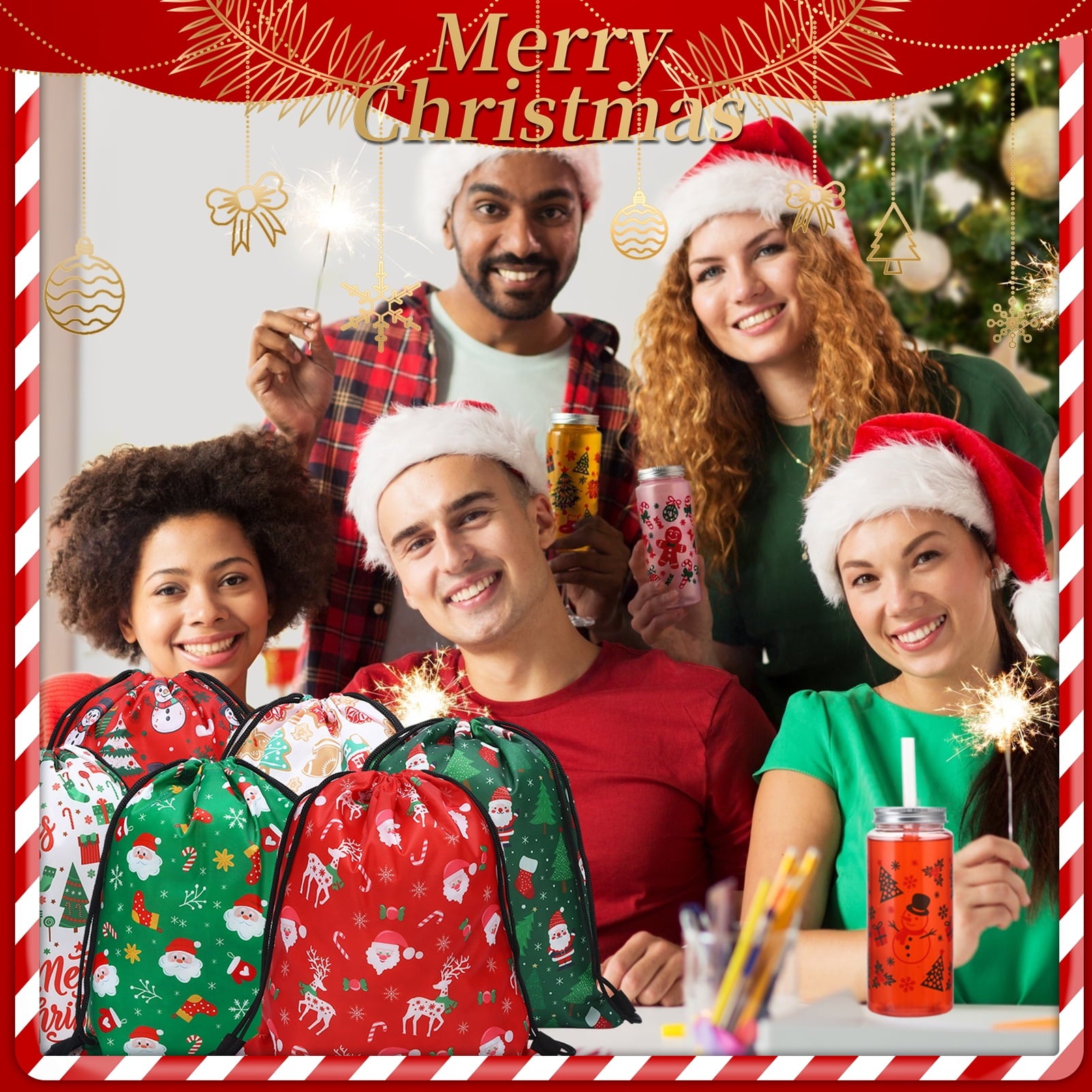 sixwipe 12PCS Plastic Tumbler and 12PCS Christmas Gift Bags, 14.2 oz Christmas Plastic Tumblers with Lids and Straws and Fabric Christmas Wrapping Bags Drawstring Gifts Bag for Presents Party