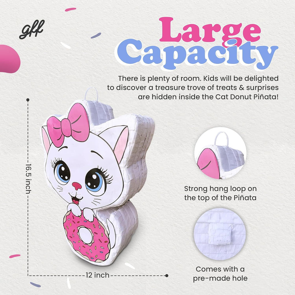 Cat Donut Pinata Bulk Candy Fill Spill Pinatas - Kitty Party Favor Game for Kids Boys Girl Birthday Parties Supplies - Animal Theme Cute Decor School Carnivals Cat Party Event - 16.5 X 12 X 4 In