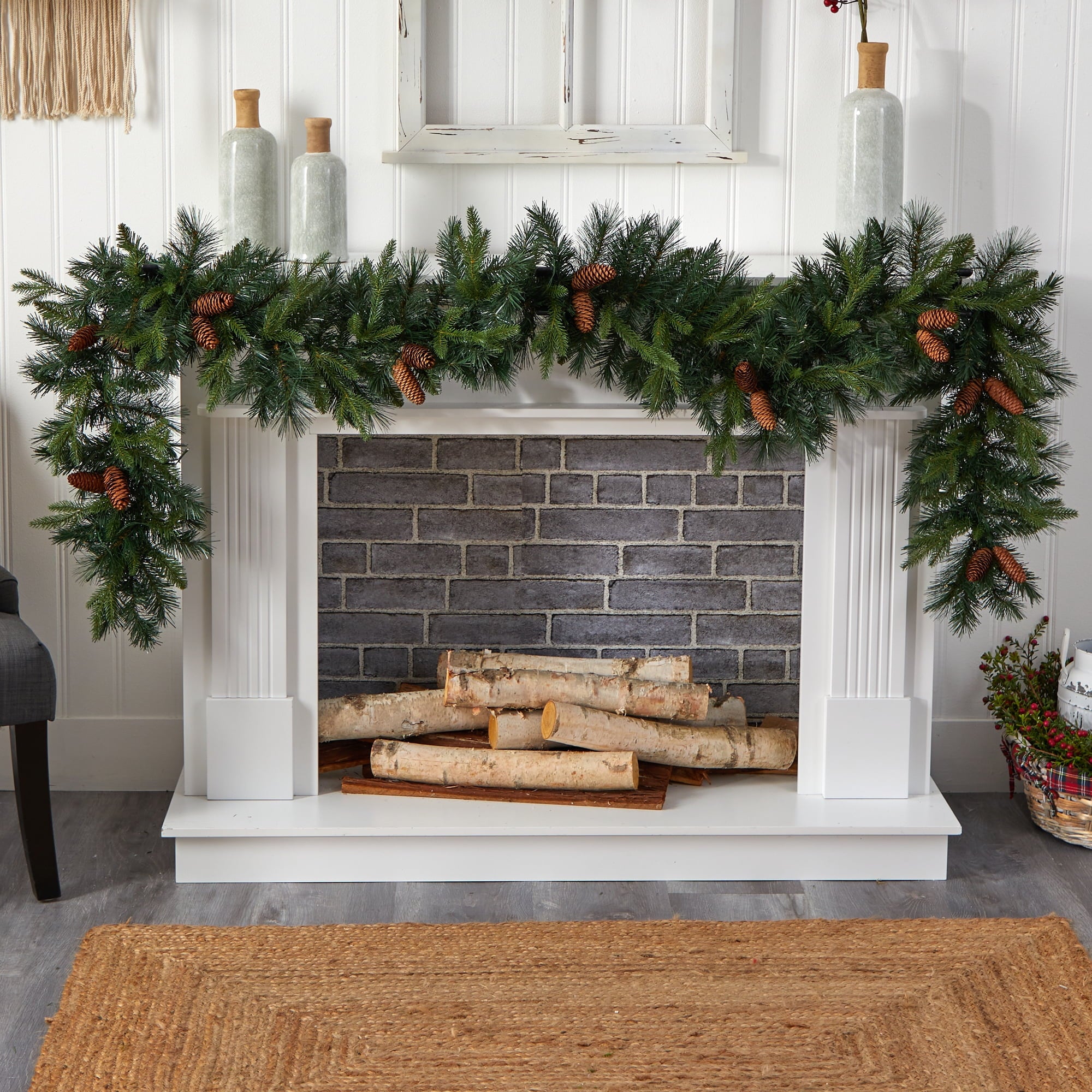 Nearly Natural Mixed Extra Wide Pine White Prelit LED Battery Operated Garland, with 286 Bendable Branches 108" (Green)