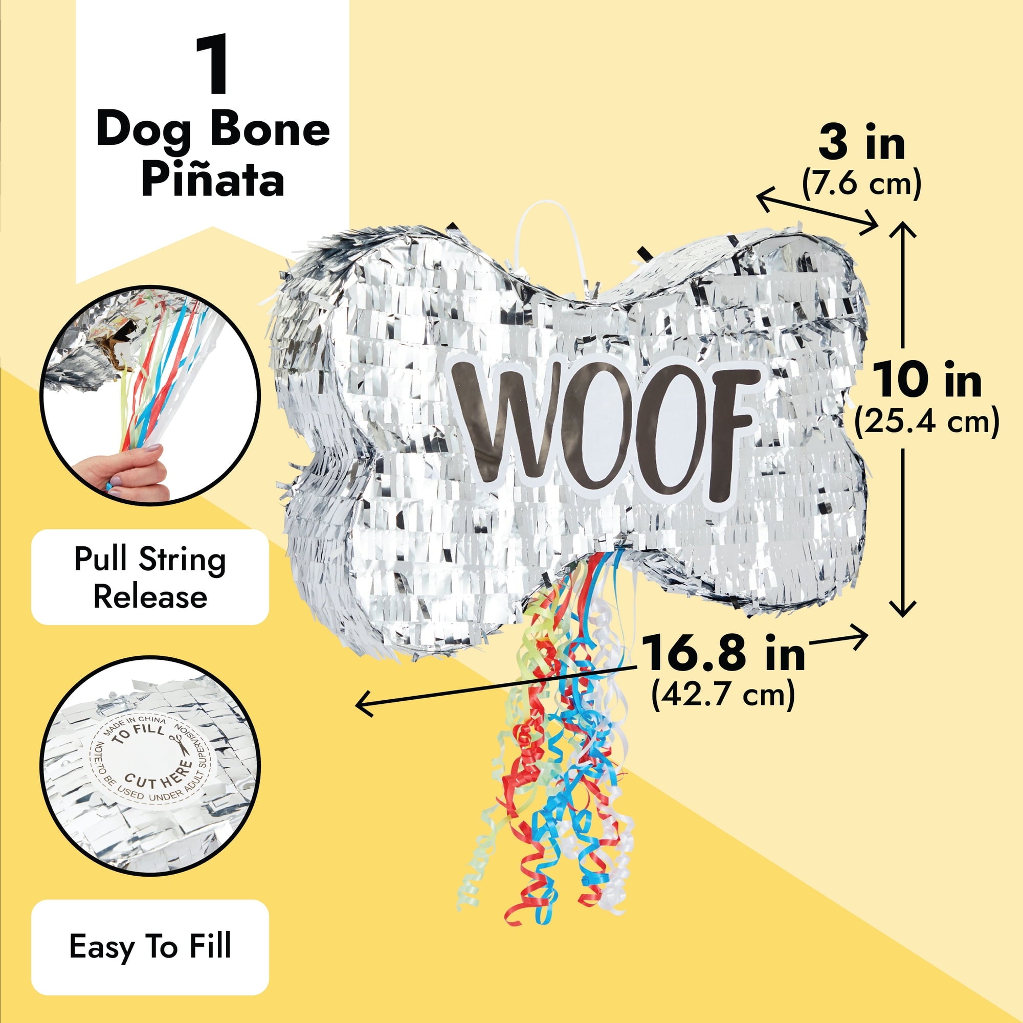 Pull String Dog Bone Pinata for Puppy Birthday Party Decorations, Silver Foil (Small, 16.8 x 10 x 3 In)