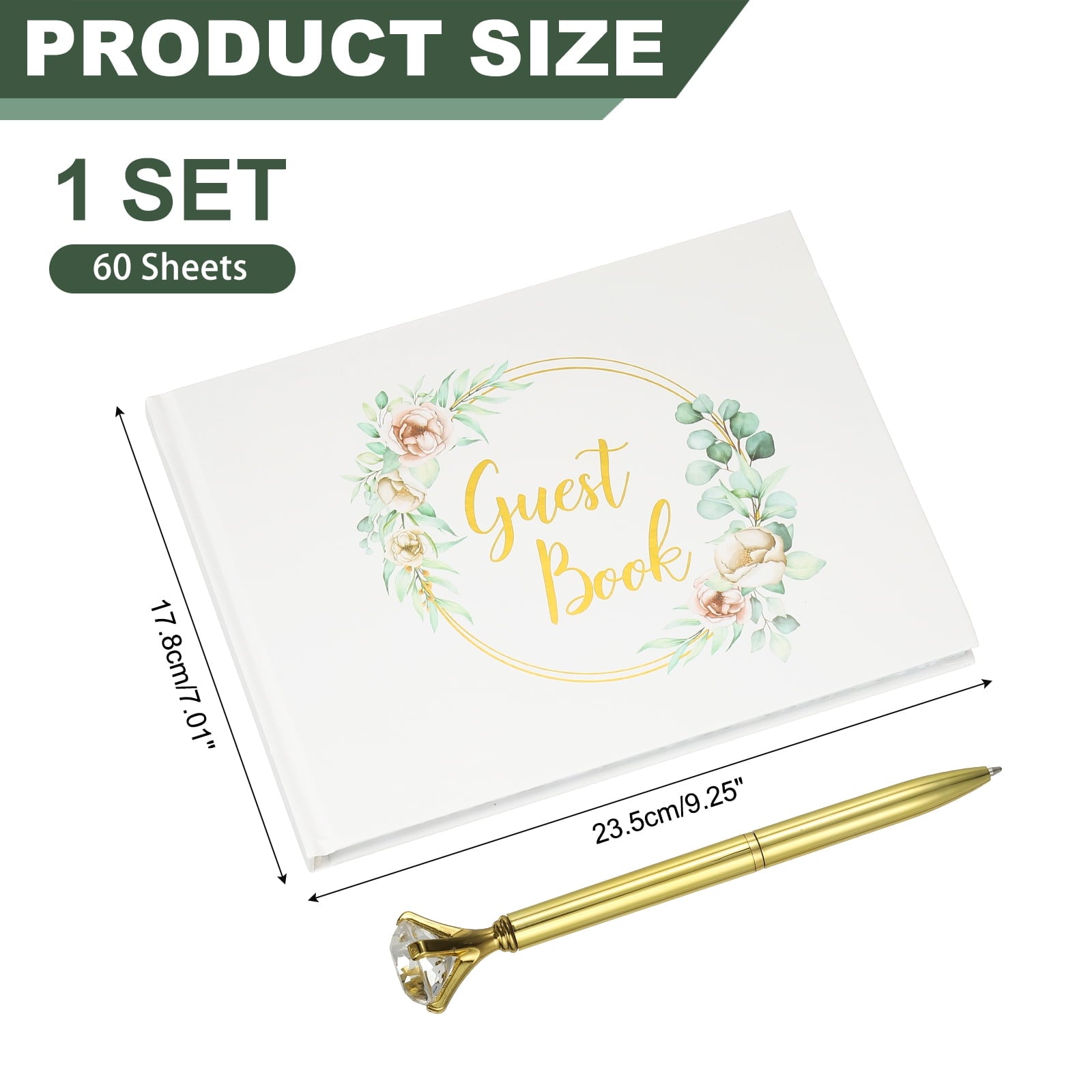 Guest Book, Wedding Guest Sign Book Reception Signature Book Party Decorations Supplies with Diamond Pen for Birthday Bridal Shower, Gold Ring