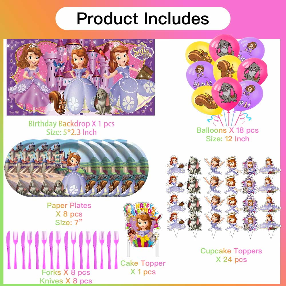 Sofia Princess Party Supplies Plates Decorations Birthday Cake Topper Banner Decor Backdrop Balloons