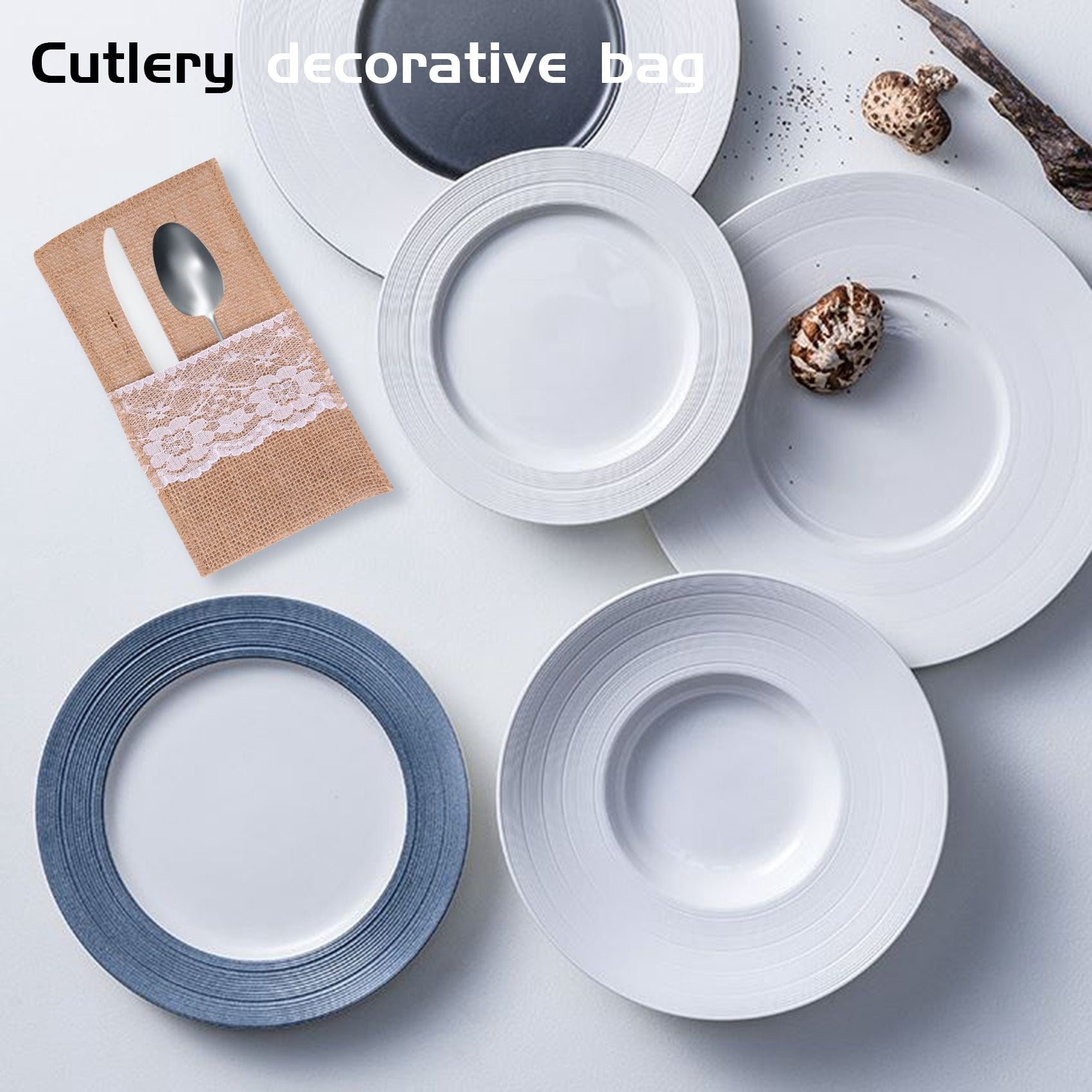 75Pcs Burlap Lace Cutlery Pouch Rustic Wedding Tableware Knife Fork Holder Bag Hessian Table Decoration Accessories