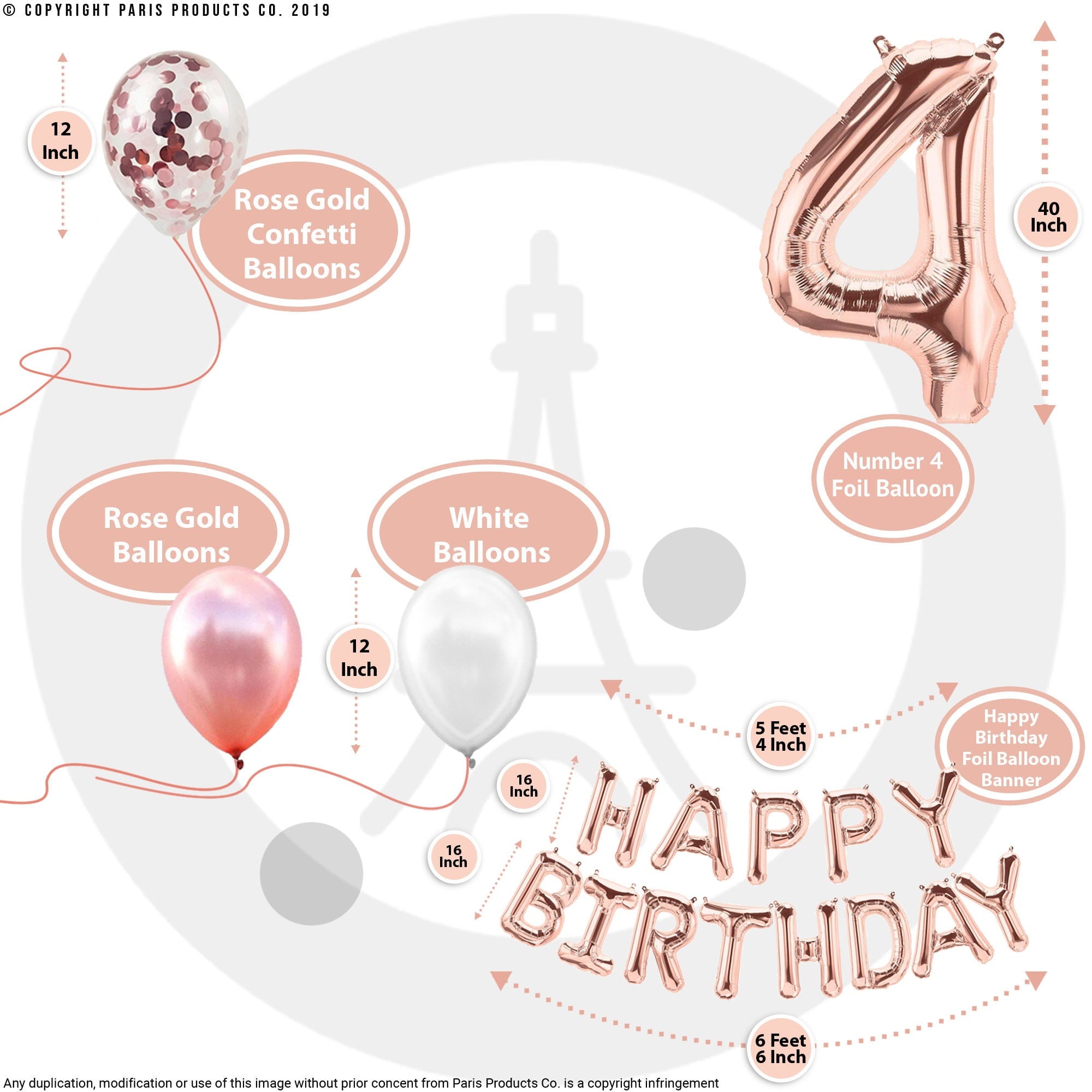 4th Birthday Decorations Party Supplies, Rose Gold 4Number Balloons 4th Foil Mylar Balloons Latex Balloon Decoration 4th Birthday Gifts