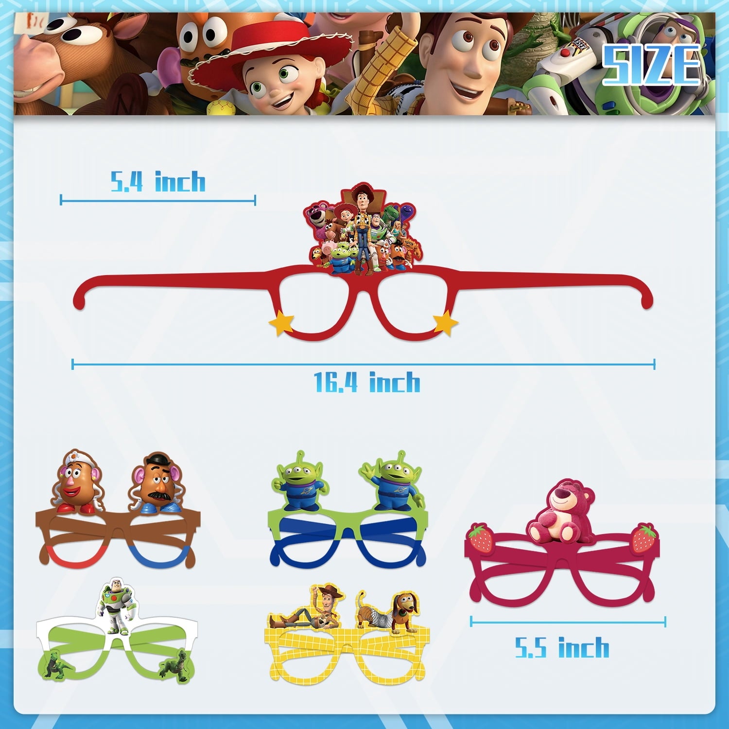 12Pcs Toy Story Themed Glasses, Party Supplies Photo Booth Prop Cartoon Character Cosplay Birthday Gift for Kids.