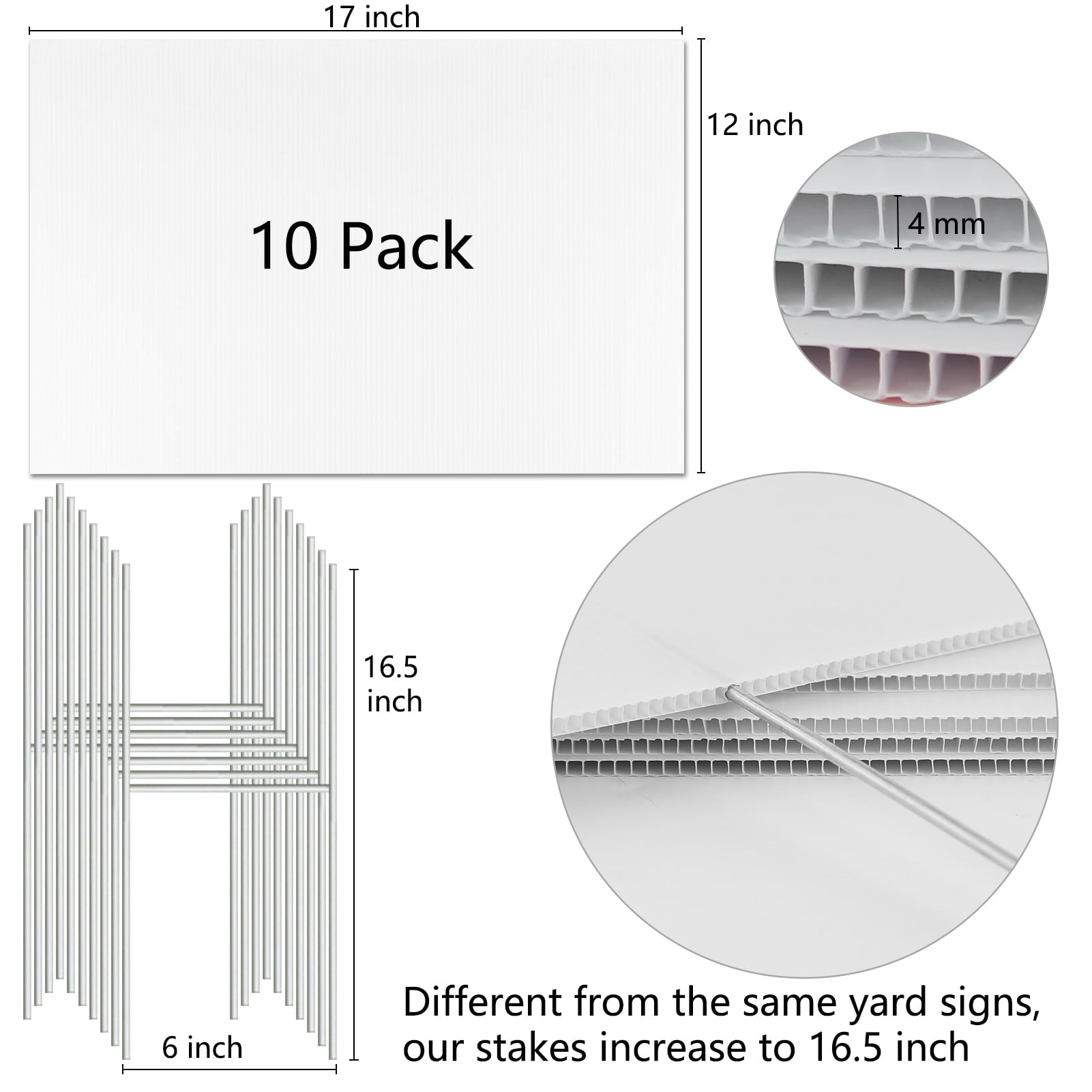 Remiawy Blank Yard Signs, 10 Pack 17x12 inches Yard Sale Signs with Stakes, White Corrugated Plastic Custom Outdoor Lawn Yard Sign, Double Sided Holder for Garage Birthday Party Guidepost Decorations