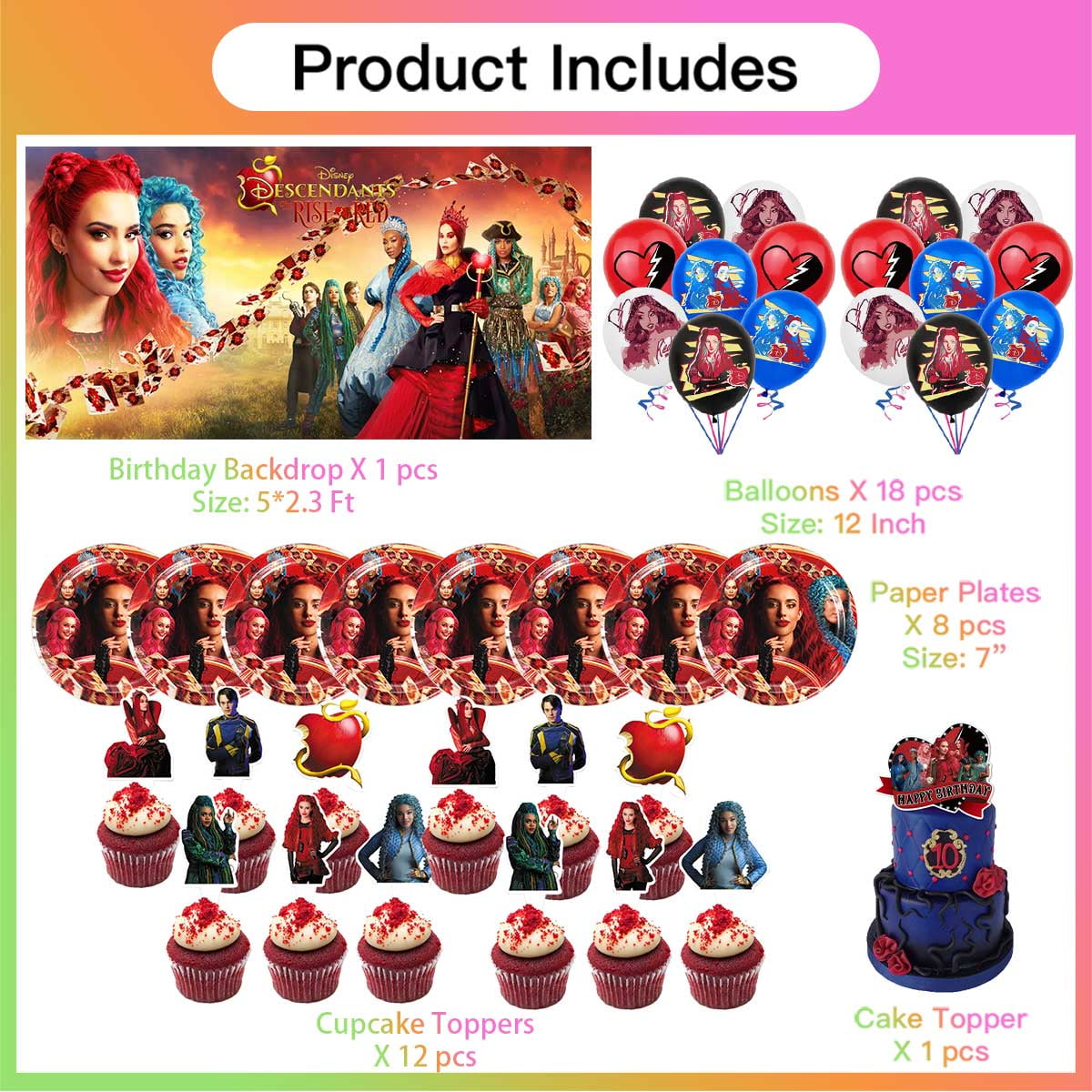 Descendants The Rise of Red Party Supplies Balloons Tableware Decorations Birthday Plates Cake Topper Decor Banner Backdrop