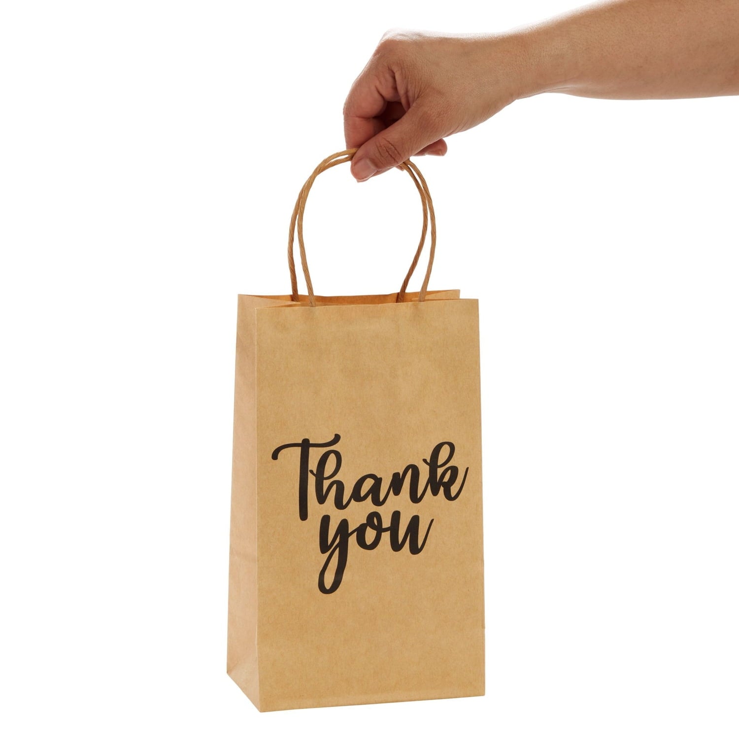 100-Pack Small Thank You Gift Bags with Handles, Brown Kraft Paper Bulk Bags for Weddings, Birthday Party Favors, Gift Wrapping, Retail Small Businesses (9x5.3x3 in)