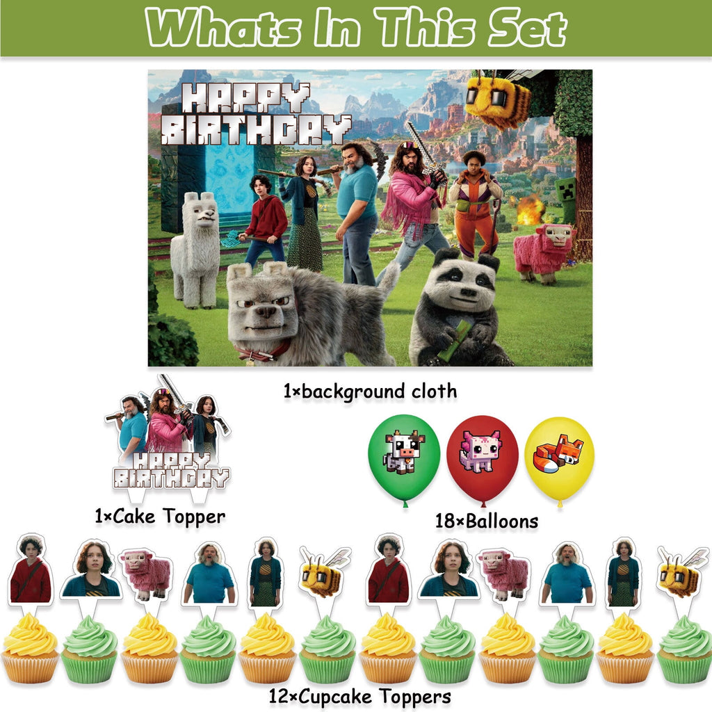 32-Pcs For Minecraft Cartoon-Themed Party Decoration Set – Includes Backdrop, Cake Topper, 12 Cupcake Toppers, and 18 Balloons for Festive Celebrations
