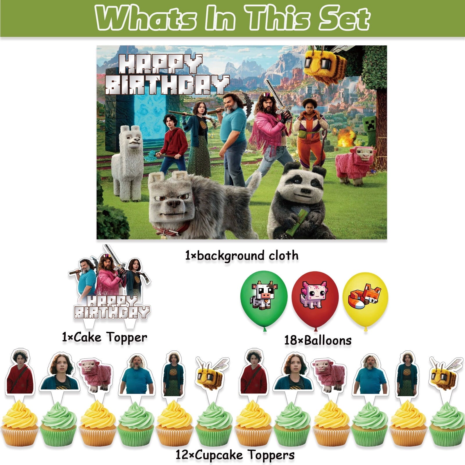32-Pcs For Minecraft Cartoon-Themed Party Decoration Set – Includes Backdrop, Cake Topper, 12 Cupcake Toppers, and 18 Balloons for Festive Celebrations