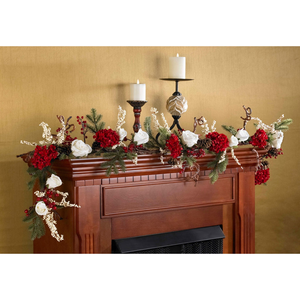 Nearly Natural 72in. Hydrangea with White Roses Garland, Red/White