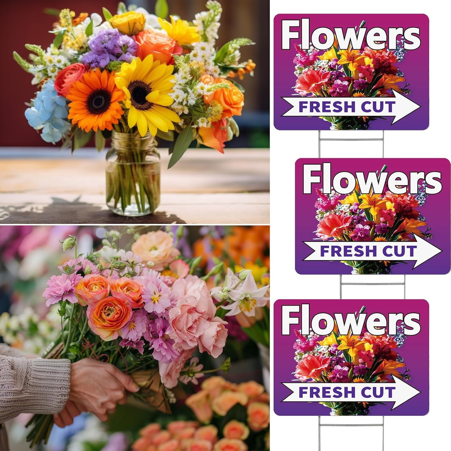 3 Pack Fresh Cut Flower Yard Signs with Stakes 16 x 12 Inch Double Sided Weatherproof Garden Signs for Flower Shops, Markets Events