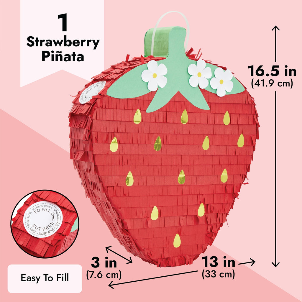 Strawberry Pinata - Fruit Themed Summer Birthday Party Decorations (Small, 16.5 x 13 x 3 in)