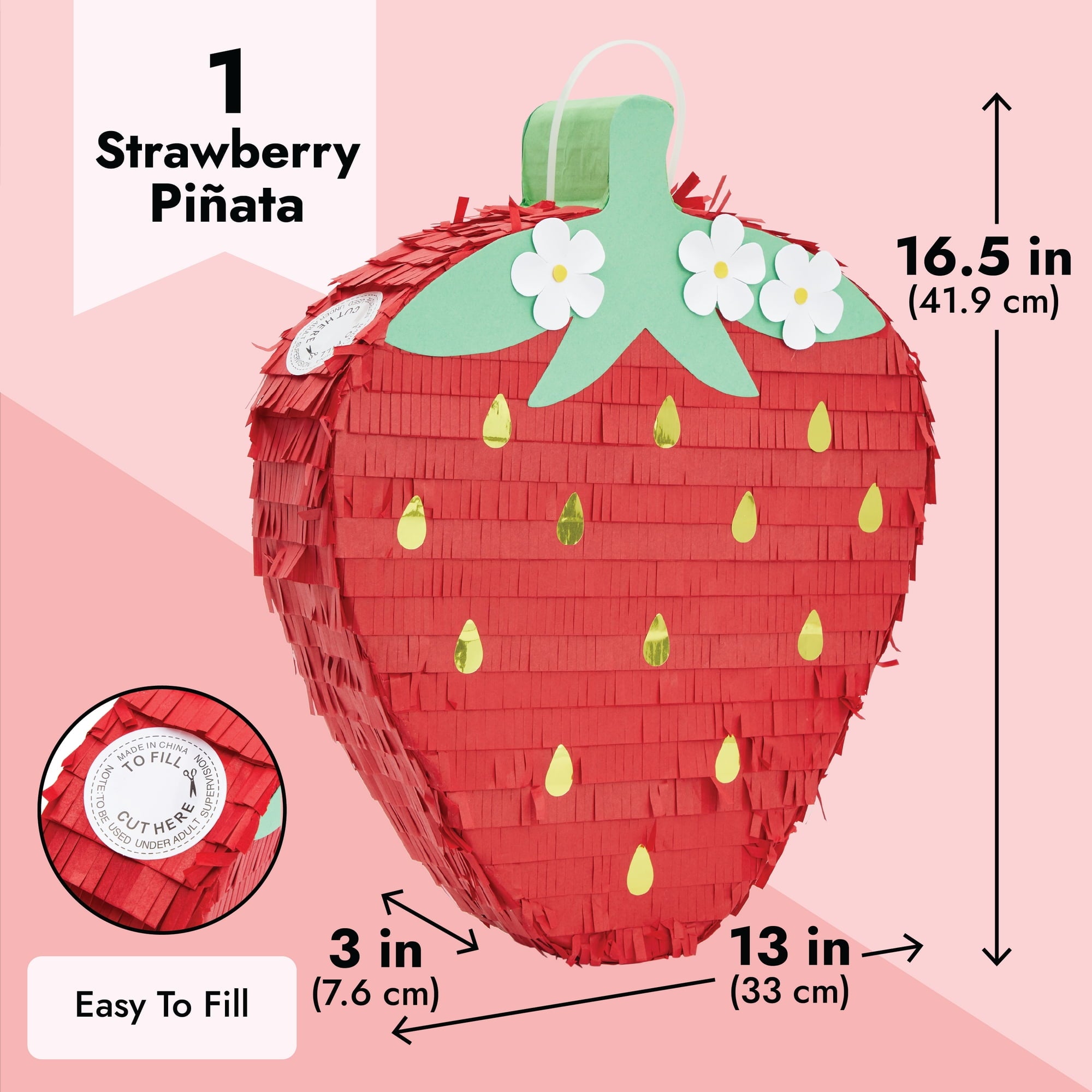 Strawberry Pinata - Fruit Themed Summer Birthday Party Decorations (Small, 16.5 x 13 x 3 in)