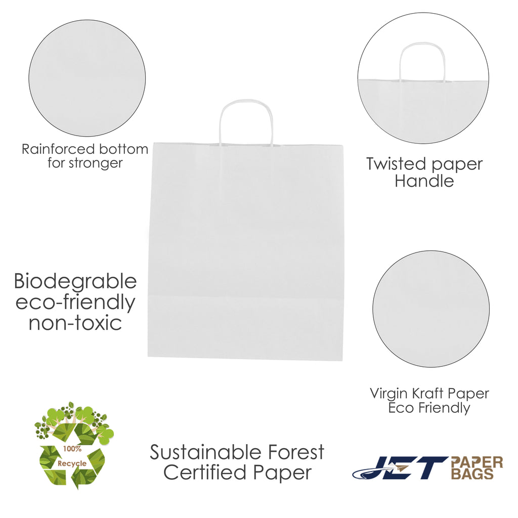 Jet Paper Bags [50 PCS] 15" x 10" x 15.75"H WHITE Virgin Kraft Paper Shopping Bag with Twisted Handles for Gift, Cargo Bags, Large Bags, Wedding, Party Favor, Thank You and More -Juna