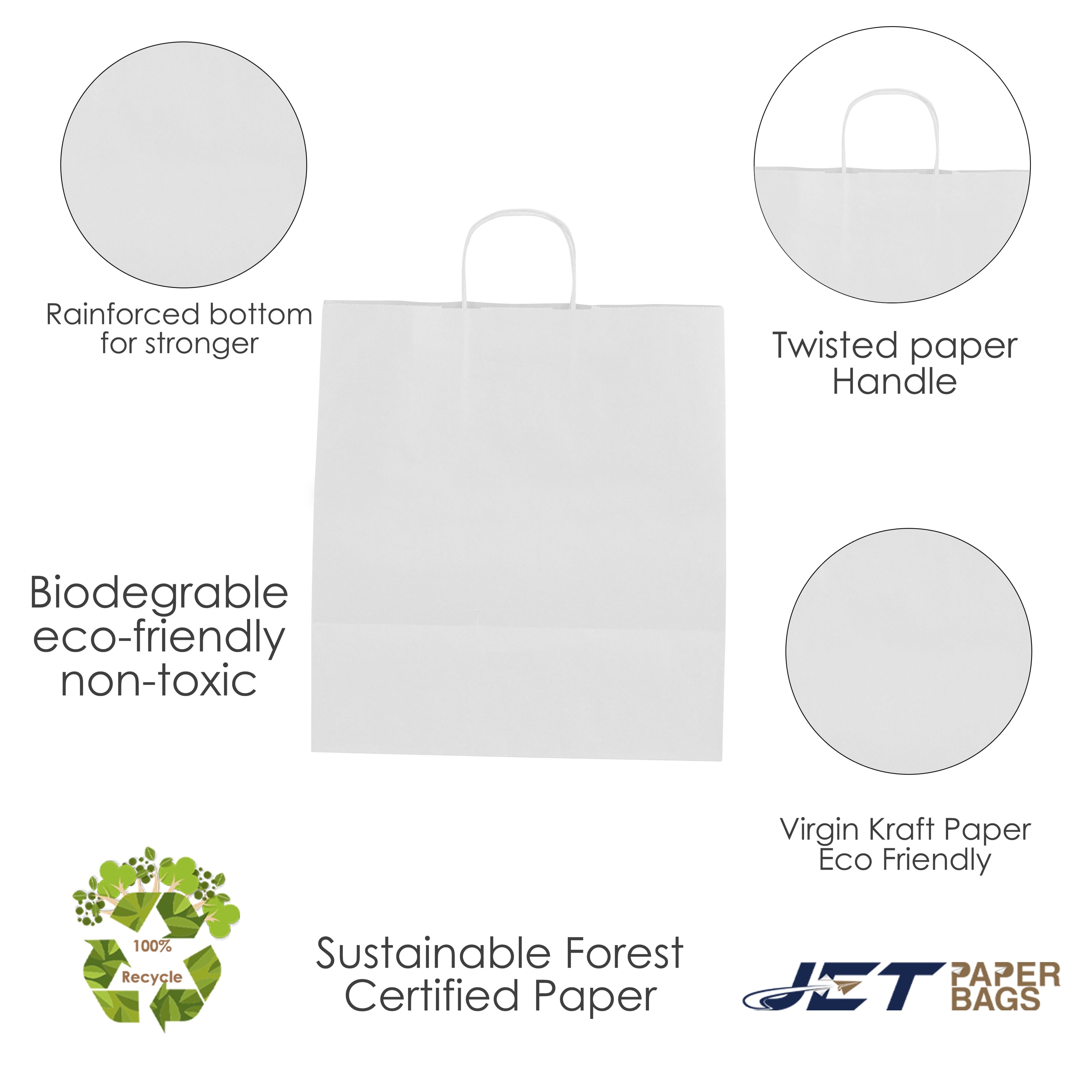 Jet Paper Bags [50 PCS] 15" x 10" x 15.75"H WHITE Virgin Kraft Paper Shopping Bag with Twisted Handles for Gift, Cargo Bags, Large Bags, Wedding, Party Favor, Thank You and More -Juna
