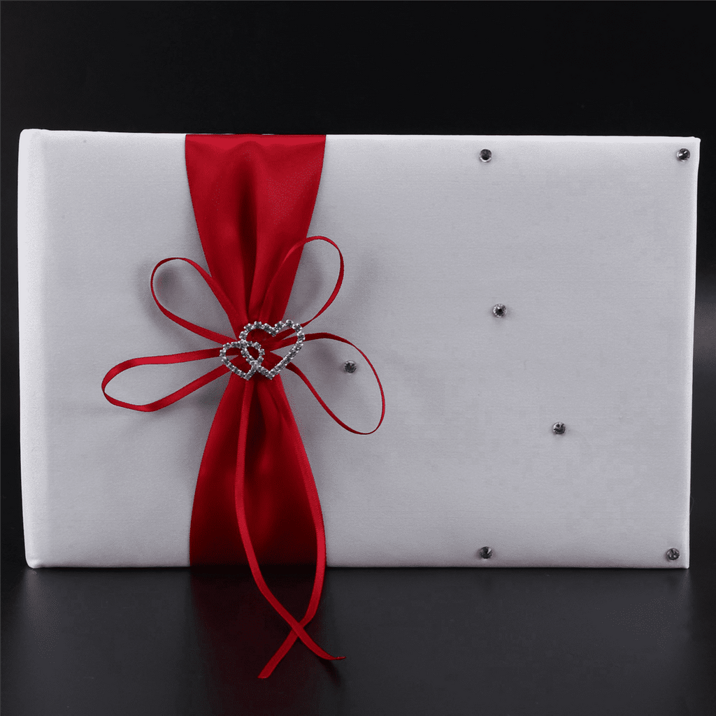 2X Wedding Guest Book with Pen Holder Sets Satin Bows Signature Book with Diamonds Love Shape Red+White