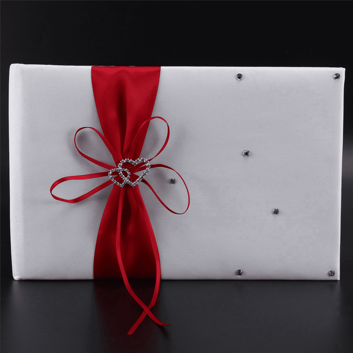 2X Wedding Guest Book with Pen Holder Sets Satin Bows Signature Book with Diamonds Love Shape Red+White