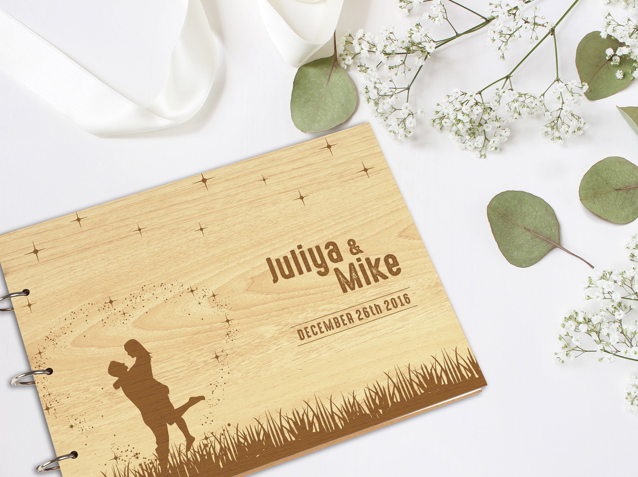 Darling Souvenir Personalized Engraved Laser Cut Wedding Guest Book Wooden Cover Sign-in Book Registry Guestbook Scrapbook-PF