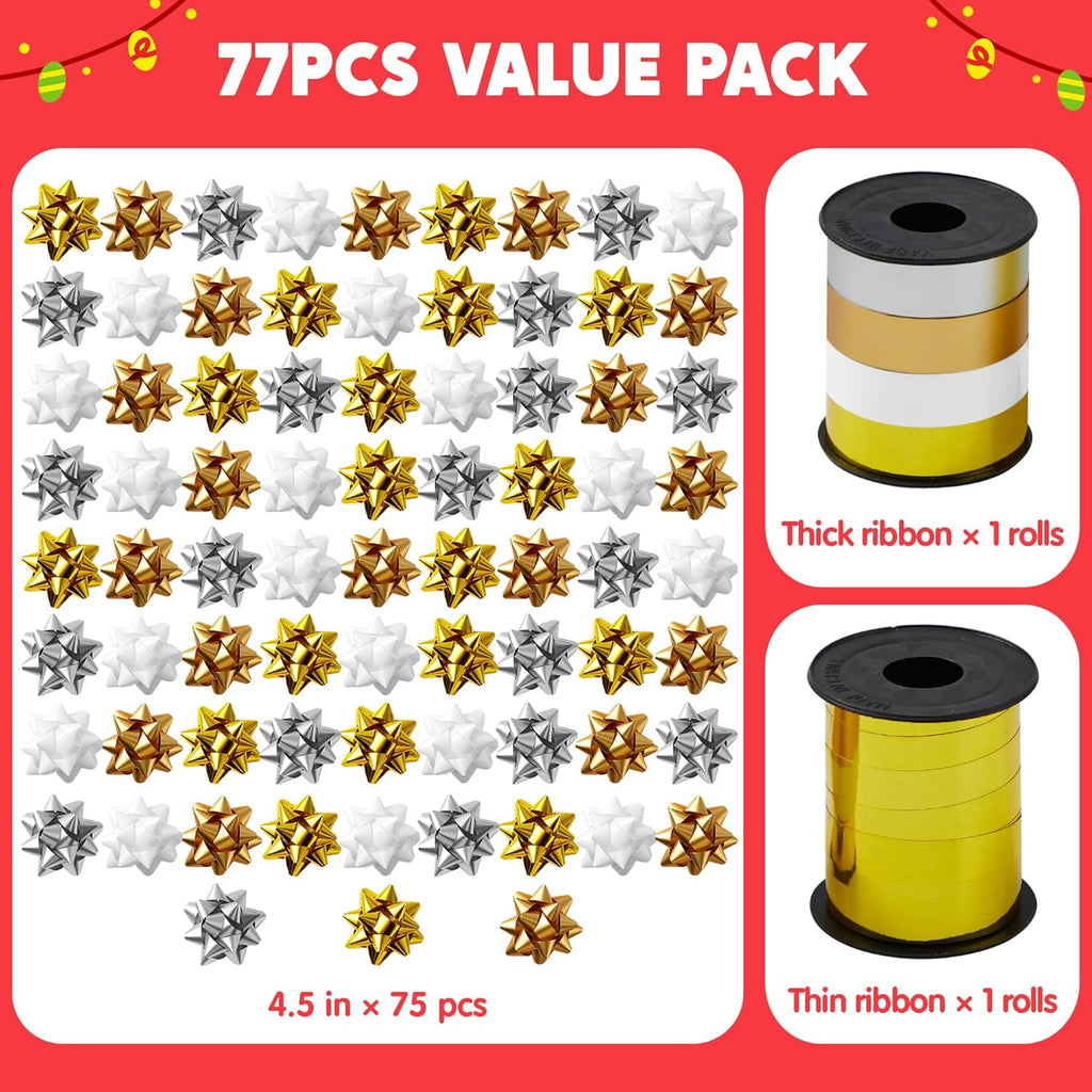 75PCS 4.5 inch Gift Bows for Presents Wrap and 2 Rolls of Curling Ribbons for Gift Wrapping, Gold Matte Gold Silver and White Self Adhesive Christmas Bows, Birthday Wedding Xmas Presents Decoration