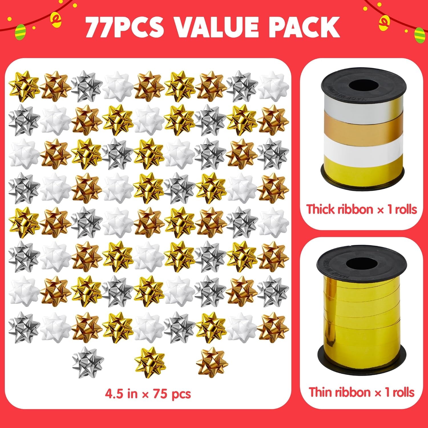 75PCS 4.5 inch Gift Bows for Presents Wrap and 2 Rolls of Curling Ribbons for Gift Wrapping, Gold Matte Gold Silver and White Self Adhesive Christmas Bows, Birthday Wedding Xmas Presents Decoration