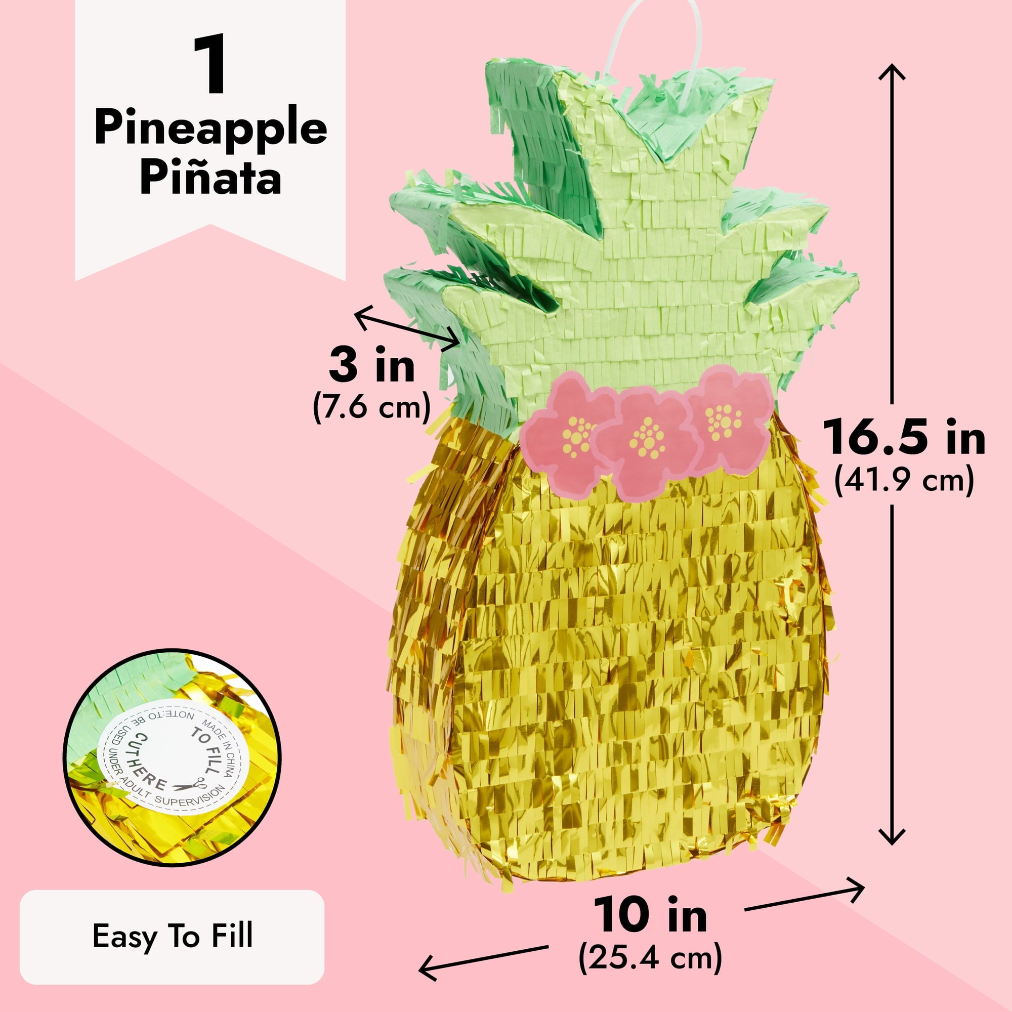 Pineapple Pinata for Hawaiian Luau Party Decorations, Kids Birthday (16.5 x 10 x 3 In), For Ages 3+