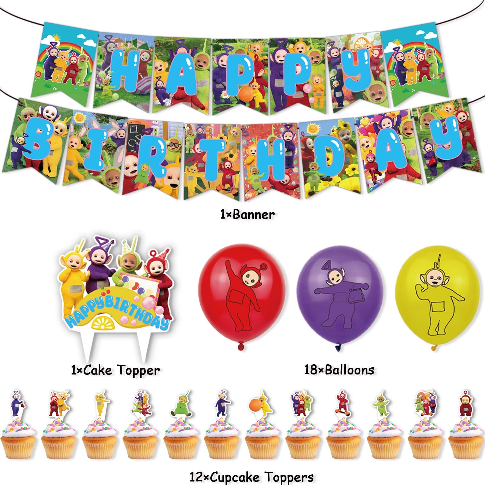 32 Pcs For Teletubbies Theme Birthday Party Decorations Set With 1 Happy Birthday Banner,18 Balloons,13 Cupcake Toppers,All-in-One Celebration Party Kit Supplies