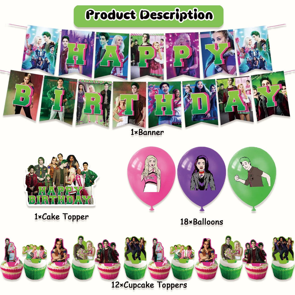 32-Piece For Zombies-Inspired Party Decoration Set – Includes Banner, Cake Topper, 12 Cupcake Toppers, and 18 Balloons for Festive Occasions and Celebrations