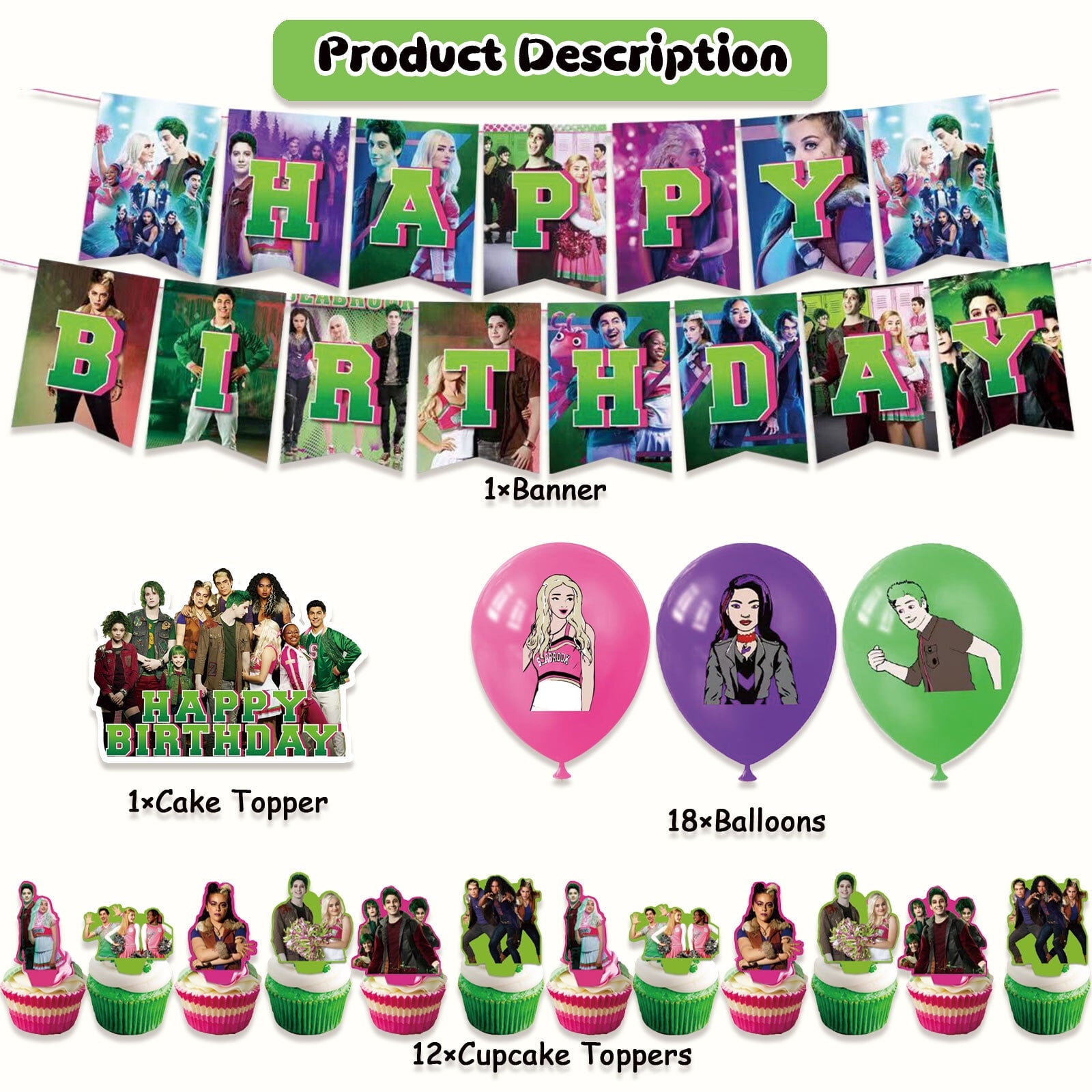 32-Piece For Zombies-Inspired Party Decoration Set – Includes Banner, Cake Topper, 12 Cupcake Toppers, and 18 Balloons for Festive Occasions and Celebrations