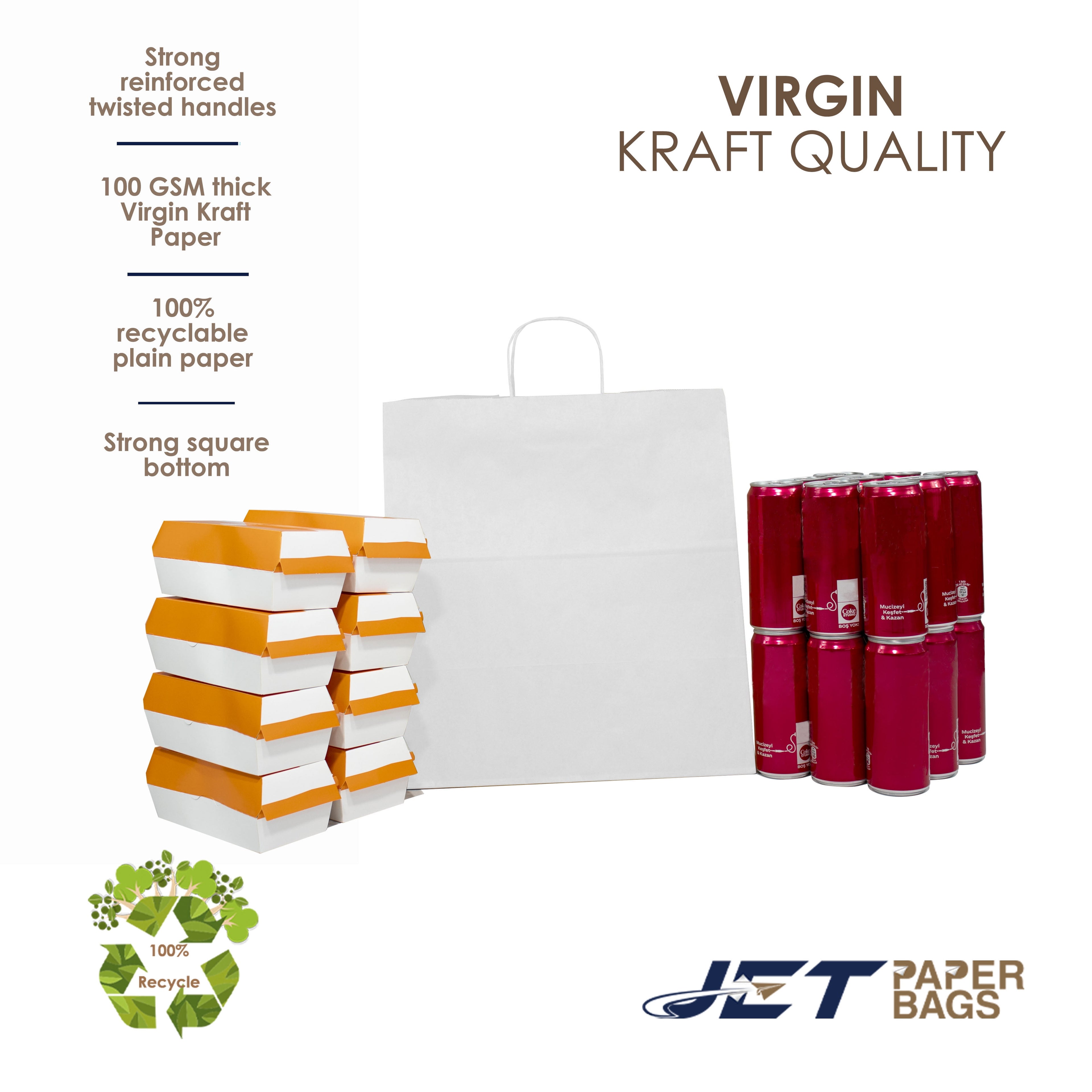 Jet Paper Bags [50 PCS] 15" x 10" x 15.75"H WHITE Virgin Kraft Paper Shopping Bag with Twisted Handles for Gift, Cargo Bags, Large Bags, Wedding, Party Favor, Thank You and More -Juna