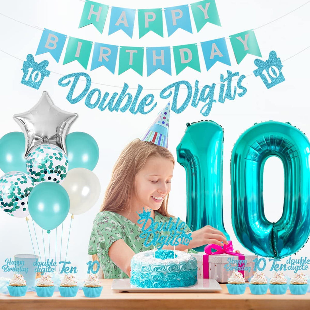 Joymemo 10th Birthday Decorations for Girls Balloons and Cake Toppers, Teal and Turquoise s