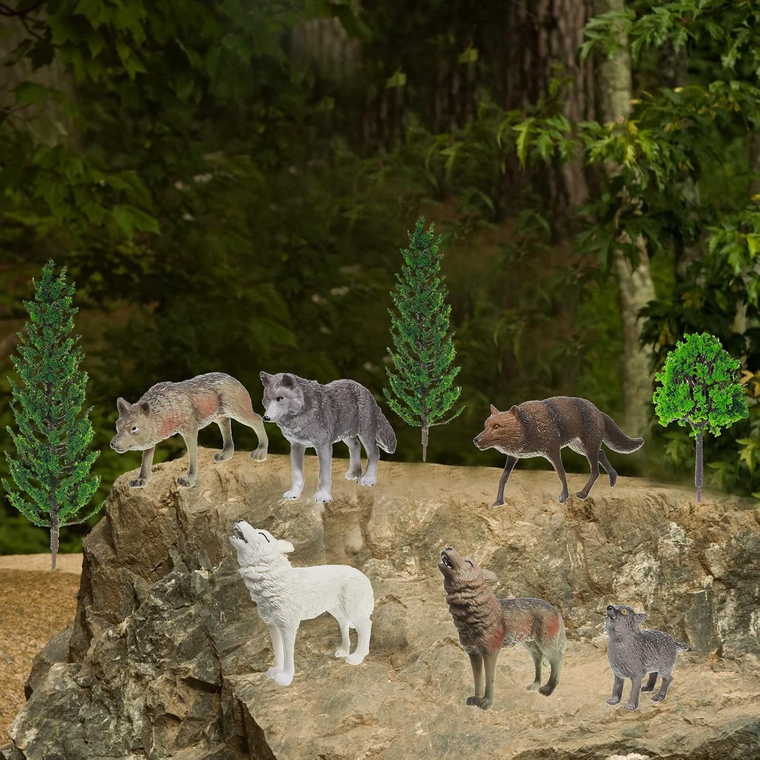 Sratte 26 Pcs Woodland Wolf Figurines Toys Model Trees Kit with Wolf Figurine Wolf Toy Playset Diorama Project Kit Cake Toppers for Kids Toddlers Birthday Gift Decor