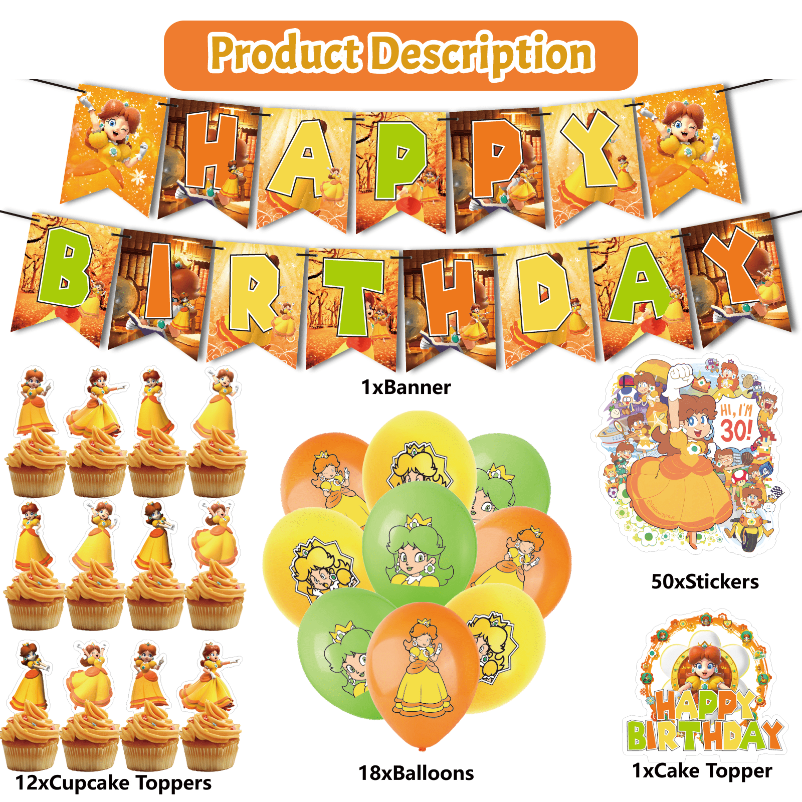 82PCS For Princess Daisy Theme Birthday Party Decorations,Party Supply Set for Kids with 1 Happy Birthday Banner Garland,50 Stickers,18 Balloons,13 Cupcake Toppers