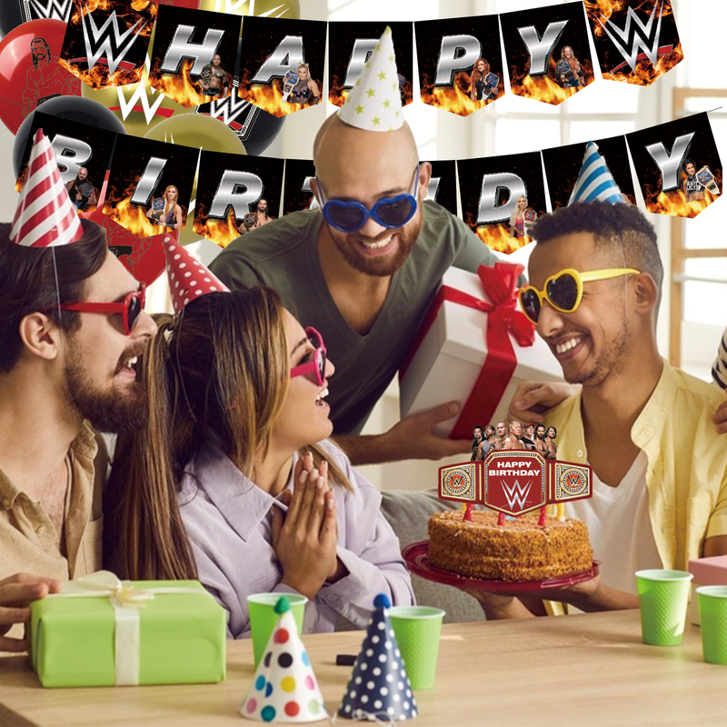 82 Pcs For Wrestling Party Decoration Set – Includes Banner, 18 Balloons, 50 Stickers, and 13 Cupcake Toppers for Themed Celebrations