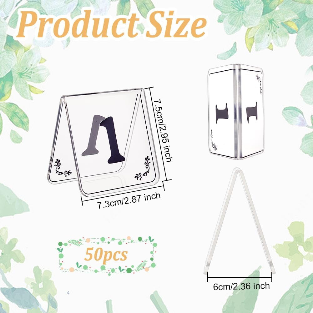 50pcs Tent Style Acrylic Table Numbers Signs 1-50 Double Sided Clear Table Numbers Signs Acrylic Tent Table Numbers Stands Signs Wedding Table Numbers for Wedding Party Banquets Receptions