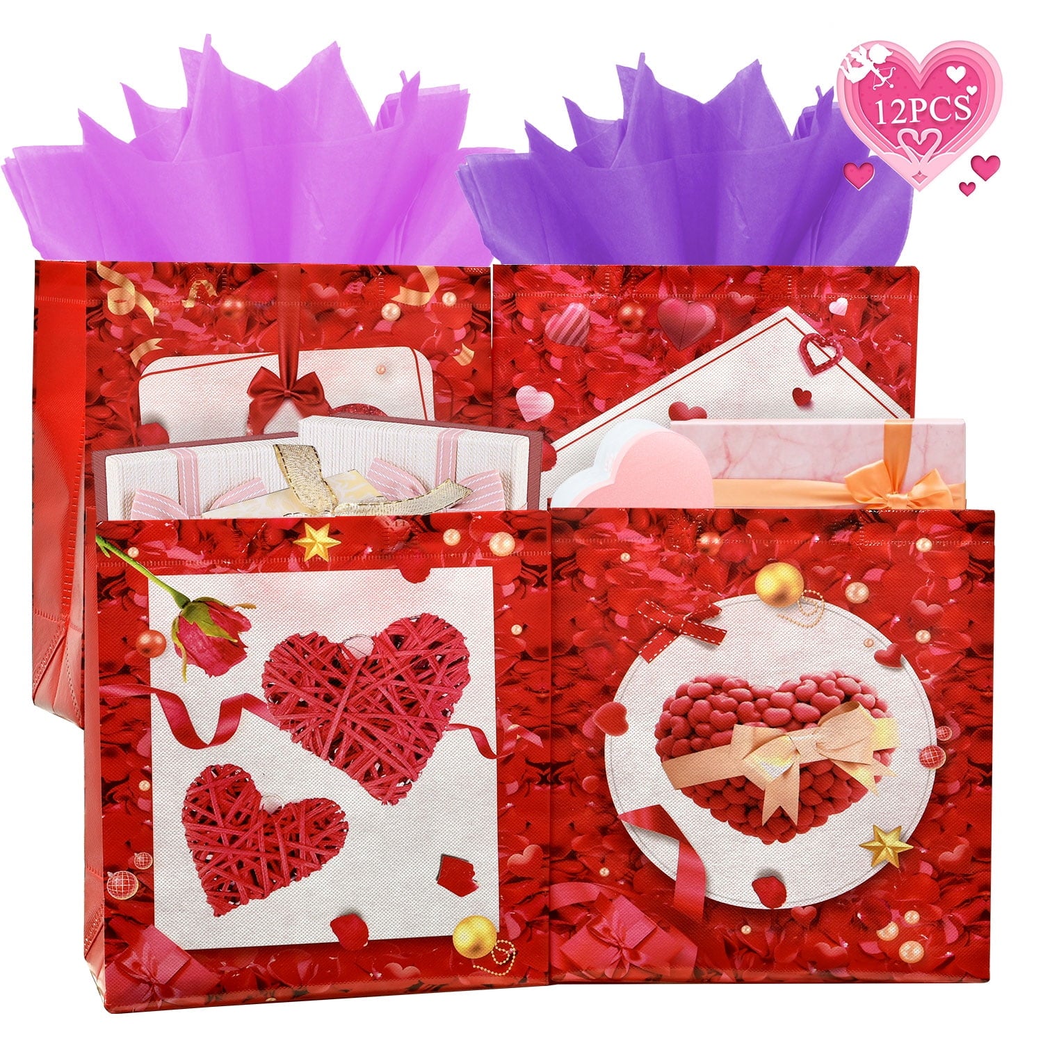 12PCS Happy Valentines Day Reusable Gift Bags, Treat Bags with Handles, Valentines Day Party Bags, Multifunctional Non-Woven Valentines Bags for Gifts Wrapping, Valentines Party Supplies(Pink)
