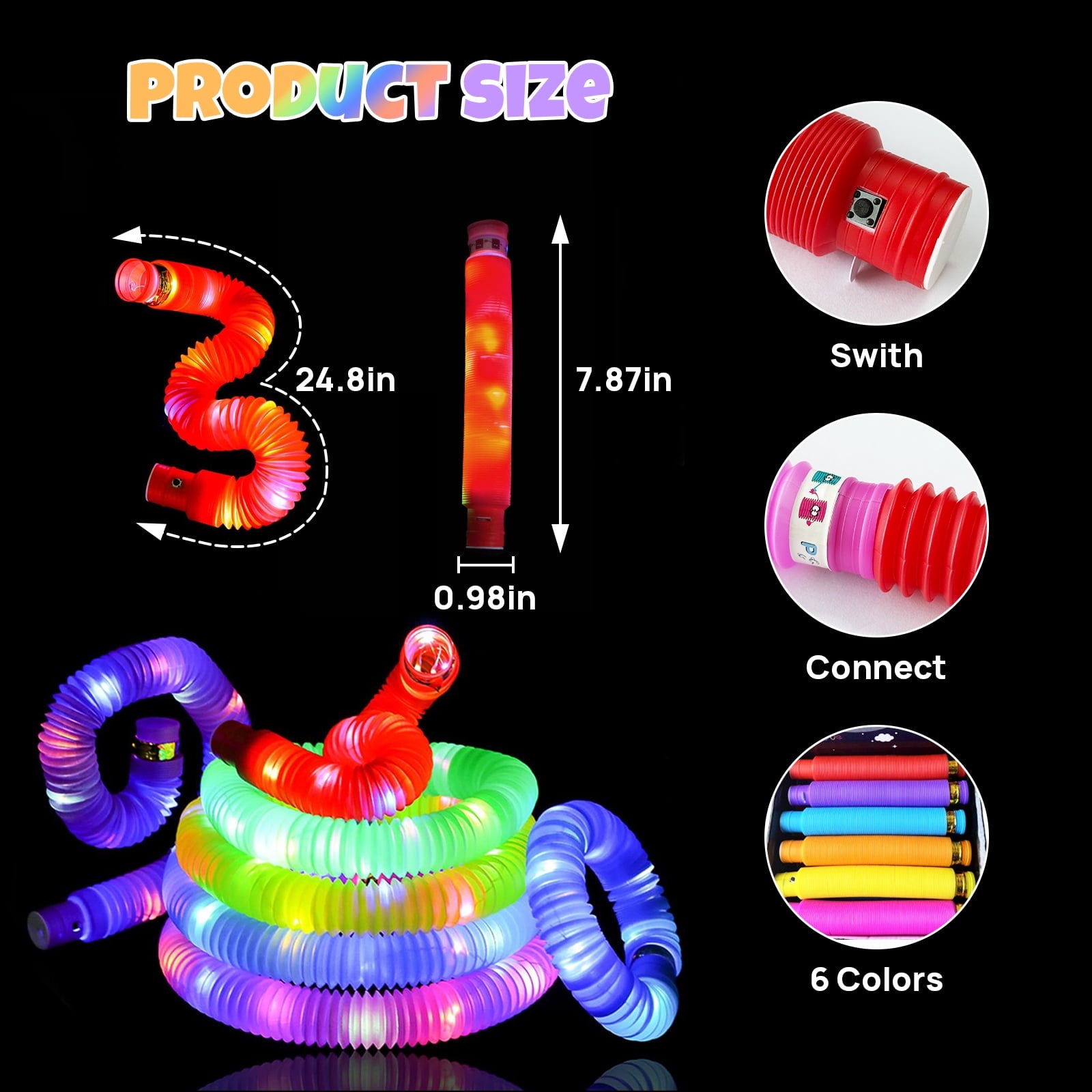 AGCAN 12 Pack Glow Sticks, 6 Colors Light Up Pop Tube Party Favors - 3 Modes Battery-Powered Sensory Toys for Halloween Camping Birthday Dance Party