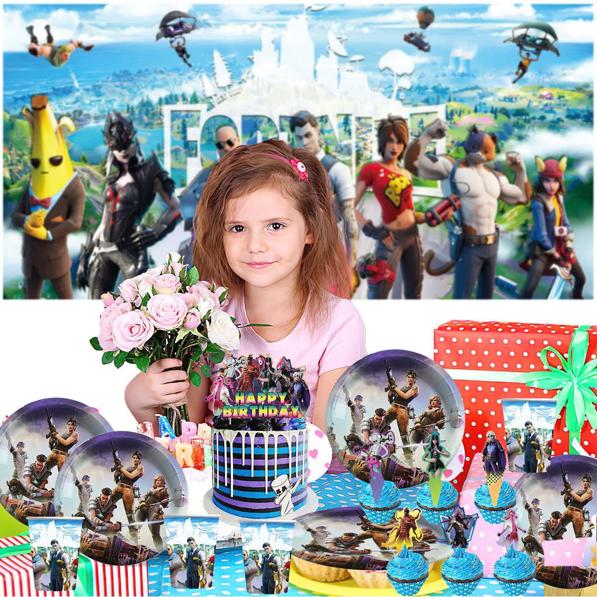 Fortnite Birthday Party Supplies Balloons Plates Decoration Cake Topper Decor Tableware Banner Backdrop