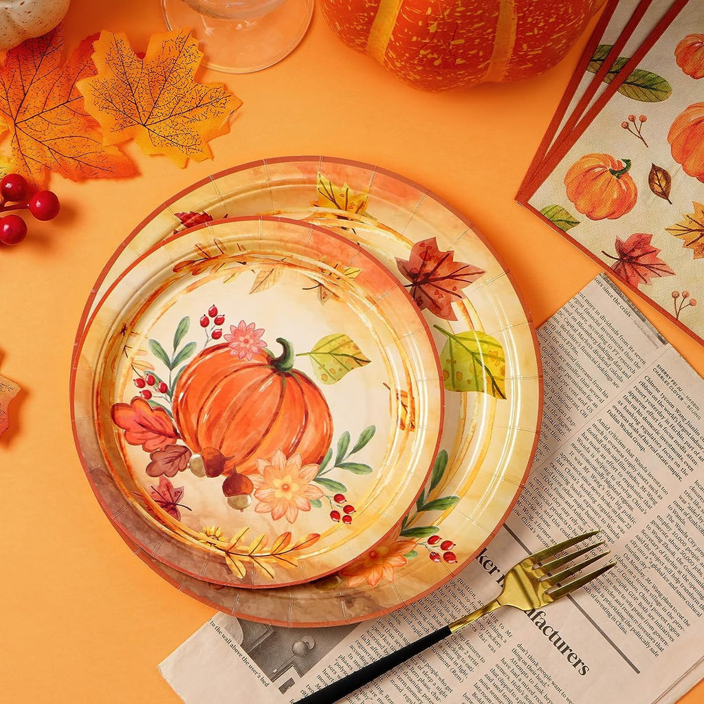 Caltero 200 PCS Fall Plates and Napkins Set Serves 50 Guests, Disposable Fall Pumpkin Party Tableware for Autumn Harvest Thanksgiving Party Supplies