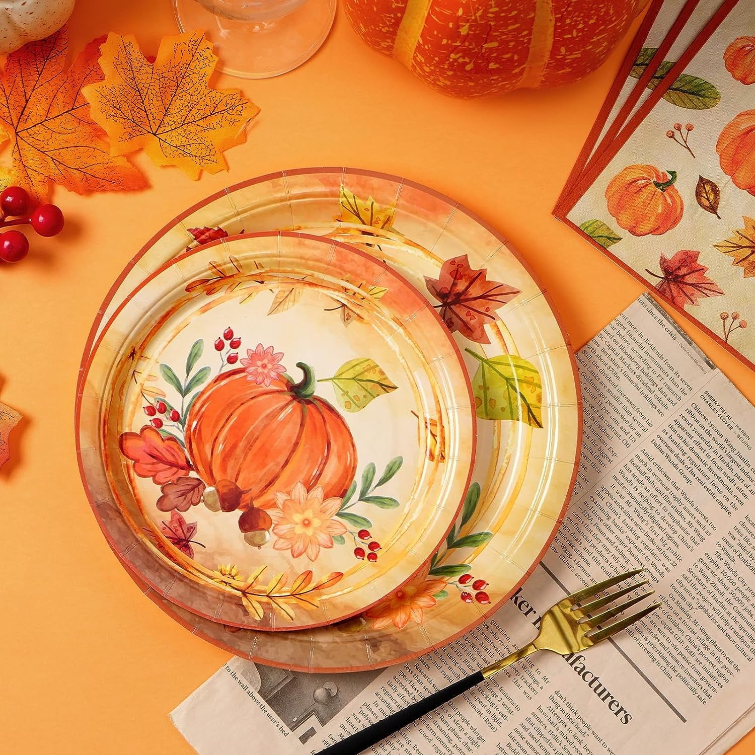 Caltero 200 PCS Fall Plates and Napkins Set Serves 50 Guests, Disposable Fall Pumpkin Party Tableware for Autumn Harvest Thanksgiving Party Supplies